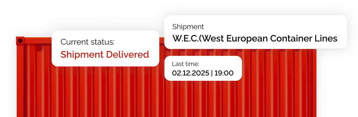 Red container with status overlays for shipment and carrier W.E.C.