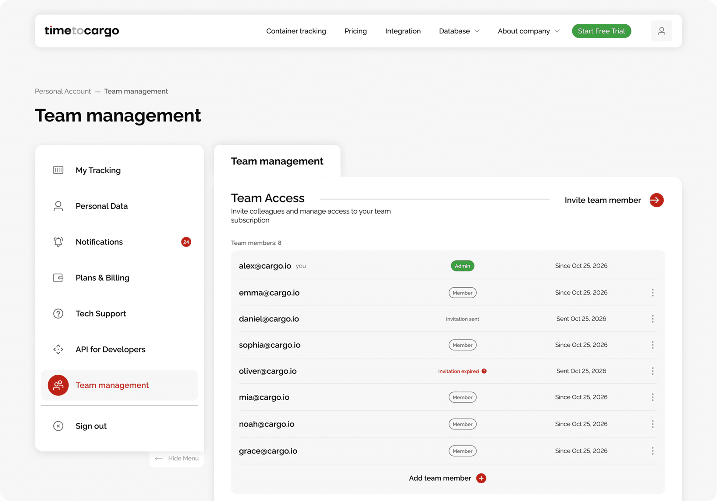 Team management in TimeToCargo